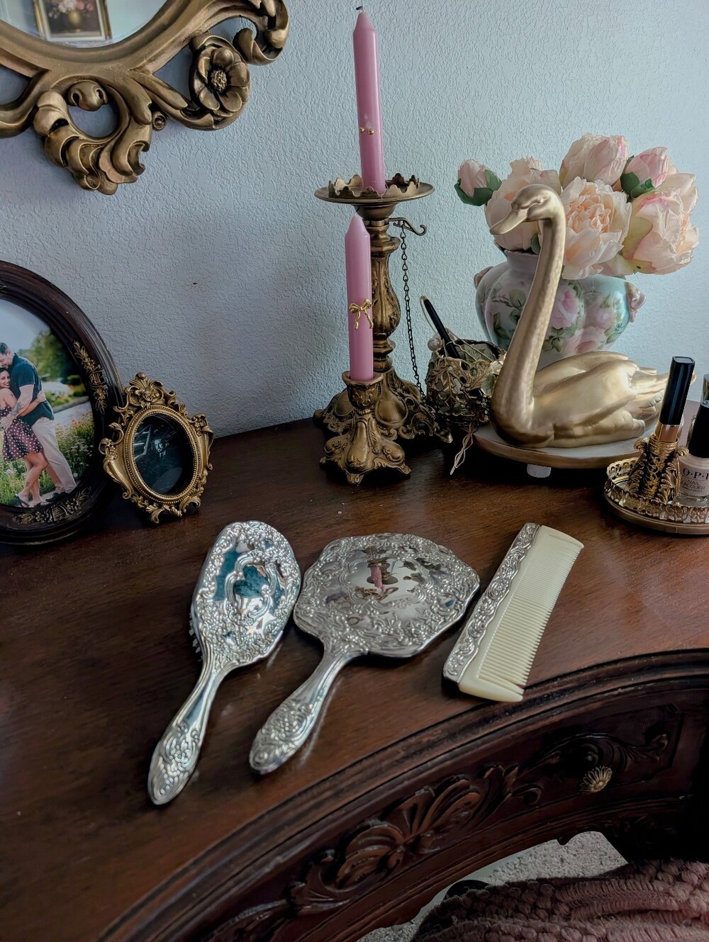 Vintage 3 piece Dresser Vanity Set Silver Plated Mirror Brush Comb Heavy w/ Box